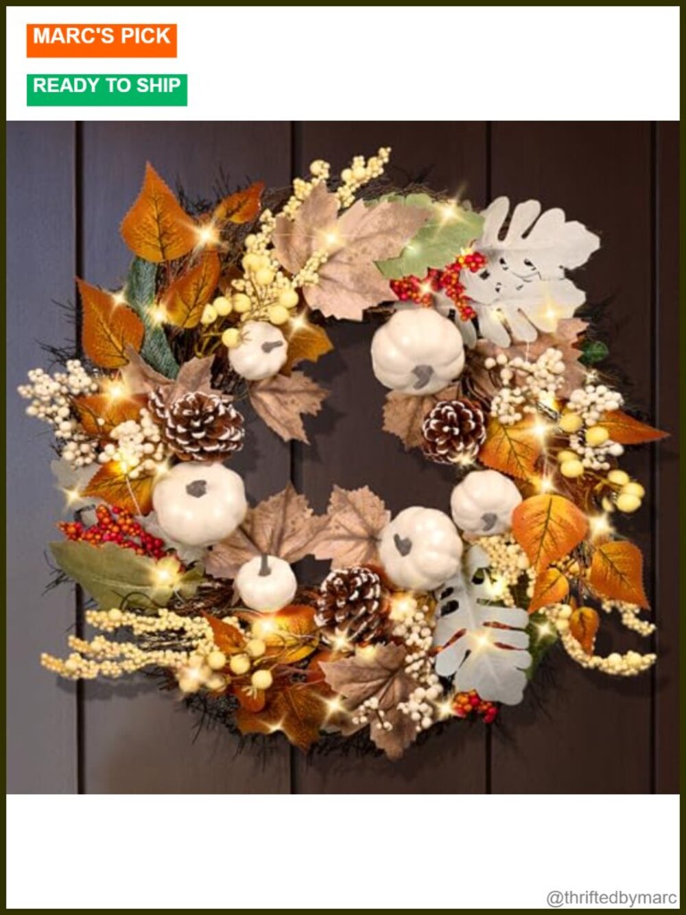 20 Inch Thanksgiving Fall Wreath for Front Door with Light Autumn Wall Decor